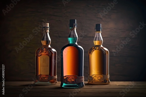 Fototapeta Three Whiskey Bottles on Plank. Photo generative AI