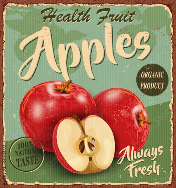 Obraz Vintage Health fruit Apples poster 1950s style.Vector illustration.