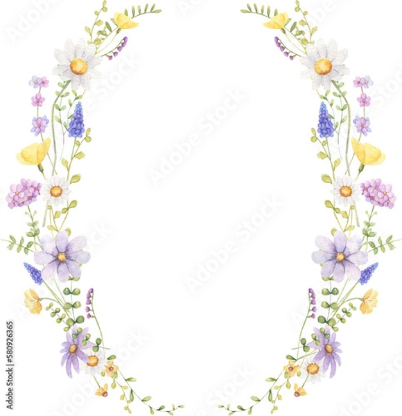 Fototapeta Wildlflower wreath watercolor illustration. Spring, summer floral frame. 
