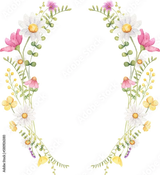 Fototapeta Wildlflower wreath watercolor illustration. Spring, summer floral frame. 