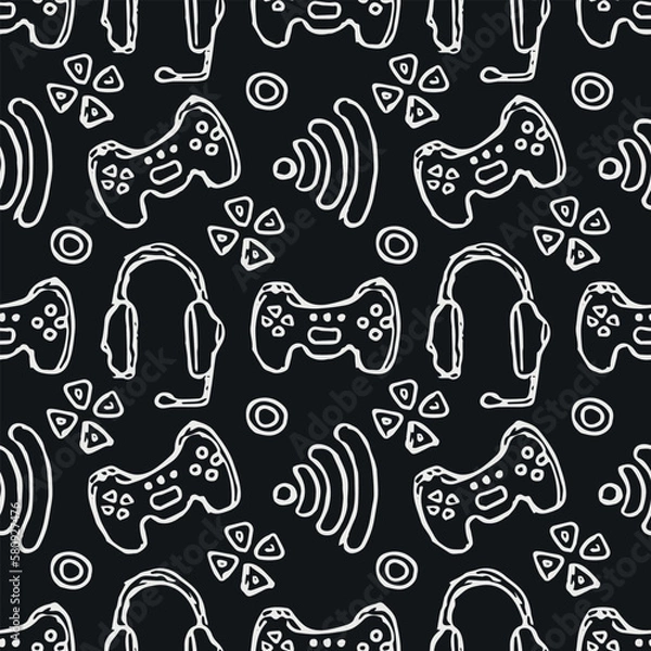 Fototapeta Seamless gaming pattern. Background with gamepad,monitor, keyboard, computer mouse, headphones
