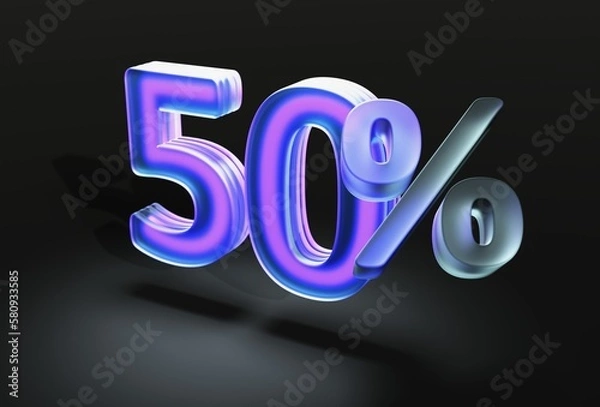 Fototapeta Numeral fifty with percent sign in glassmorphism style on dark isolated background 3d render