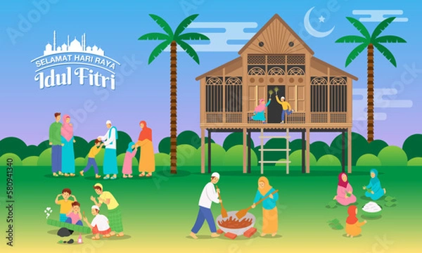 Fototapeta Selamat hari raya Idul Fitri is another language of happy eid mubarak in Indonesian. Greeting card with variant activity of Muslim peoples celebrating Eid al-Fitr in the villageAdha 21