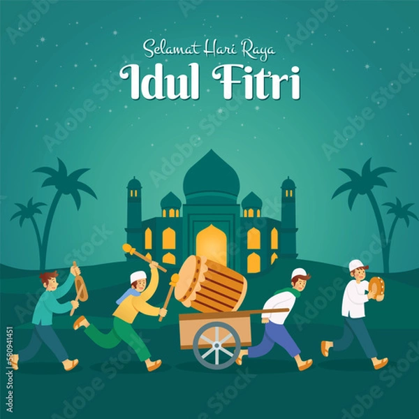 Obraz Selamat hari raya Idul Fitri, translation: happy eid mubarak with a group of youngster parading a big wooden drum to to celebrate eid mubarak in the night