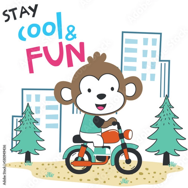 Obraz Vector illustration of cute little monkey ride motorcycle. Creative vector childish background for fabric, textile, nursery wallpaper, poster, card, brochure. and other decoration.