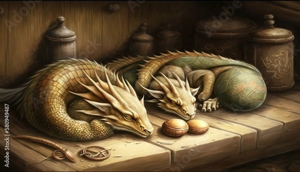 Fototapeta Two small drawing sleeping on a shelf