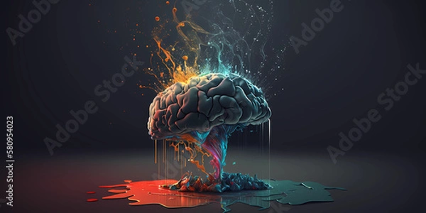 Obraz Concept art of the human brain exploding with knowledge and creativity. The brains are flowing. Brains and paint. Generative ai