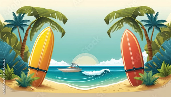 Fototapeta Surfboard on tropical beach abstract background. Graphic illustration design. Generative ai
