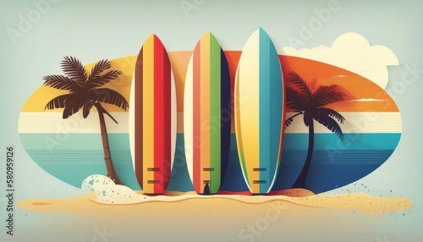 Fototapeta Surfboard on tropical beach abstract background. Graphic illustration design. Generative ai