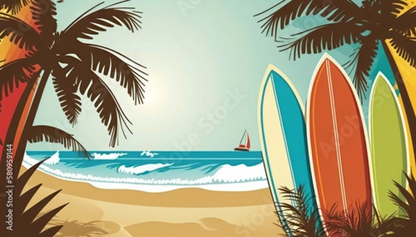 Fototapeta Surfboard on tropical beach abstract background. Graphic illustration design. Generative ai