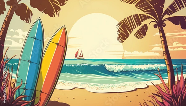 Fototapeta Surfboard on tropical beach abstract background. Graphic illustration design. Generative ai