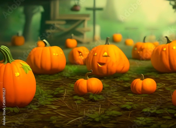 Fototapeta comic image of pumpkins attacking and capturing settlements, generative ai