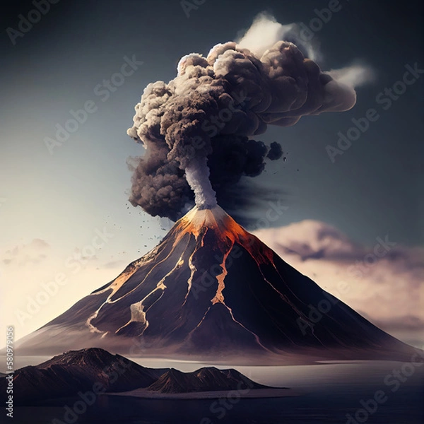 Fototapeta Erupting volcano against dark sky, stock illustration