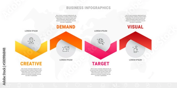 Fototapeta Vector business process. Modern timeline infographics with four options, circles, steps. Graphic vector template with 4 icons