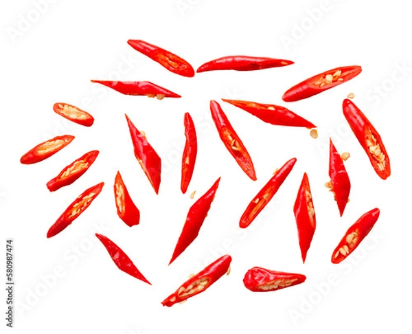 Fototapeta Chopped red chili peppers isolated on transparent, white background