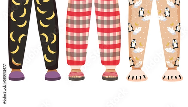 Obraz Set of legs in pajamas and slippers on a white background. Invitation. Vector stock illustration. isolated. Party. Abstract trend background.