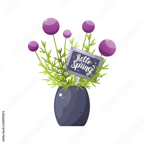 Fototapeta Spring bouquet vector collection. Cute floral greeting cups with inscription hello spring. Springtime isolated vector illustration with mug.