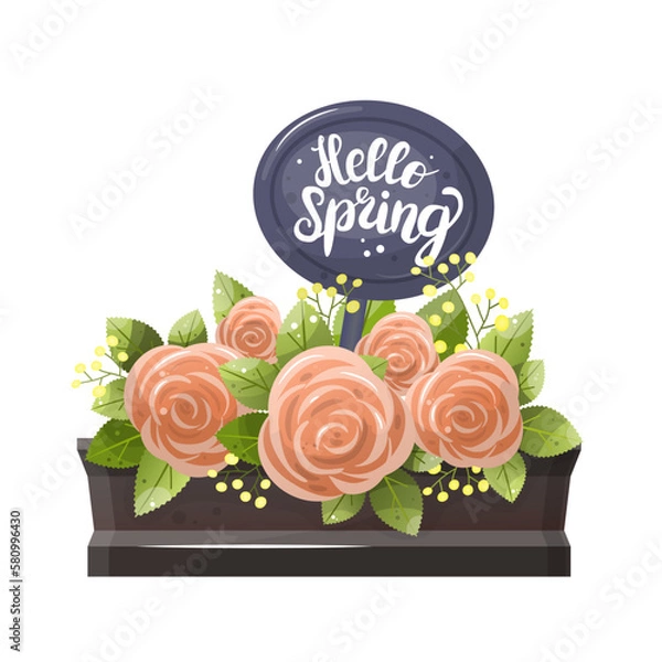 Fototapeta Vector collection of spring bouquet. Cute floral greeting cups with hello spring inscription. Spring isolated vector illustration with a mug and a bouquet of roses.
