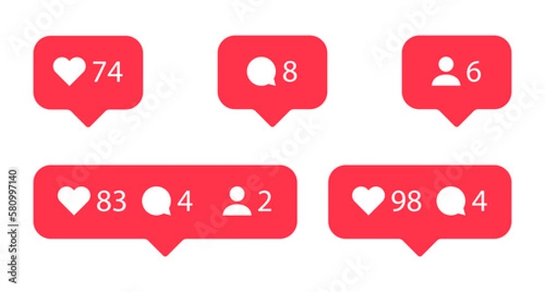 Fototapeta Social media notification flat icons set. Like, comment and follower buttons.