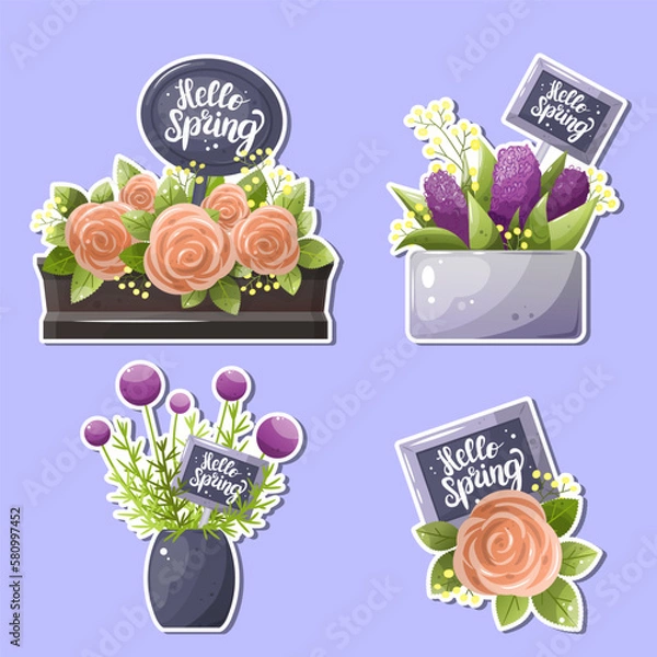Fototapeta Collection of stickers with cute inscriptions and receipts. spring flowers hyacinth, rose and mimosa. Cute spring stickers for planner.