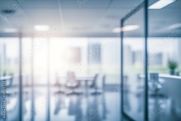 Obraz Beautiful blurred background of a light modern office interior with panoramic windows and beautiful lighting.