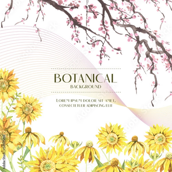 Fototapeta Botanical background of Water color sunflower botanical bouquet with cherry blossom branches