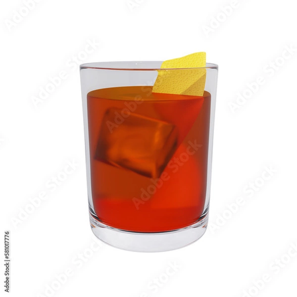 Fototapeta Boulevardier cocktail with ice cubes and an orange slice. An alcoholic drink consisting of whiskey, sweet vermouth and Campari. 3d rendering
