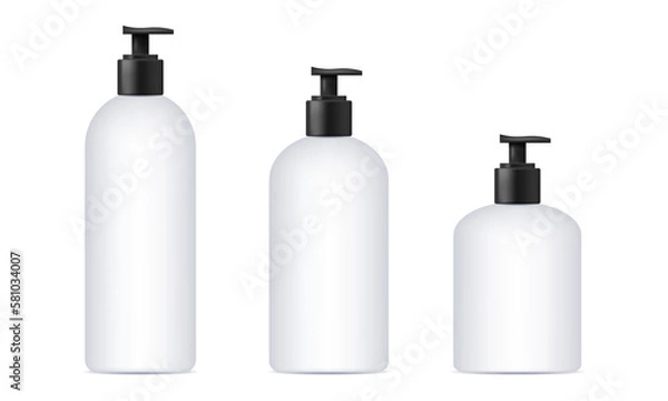 Fototapeta Vector mockup white bottle with a dispenser for shampoo liquid soap and detergents