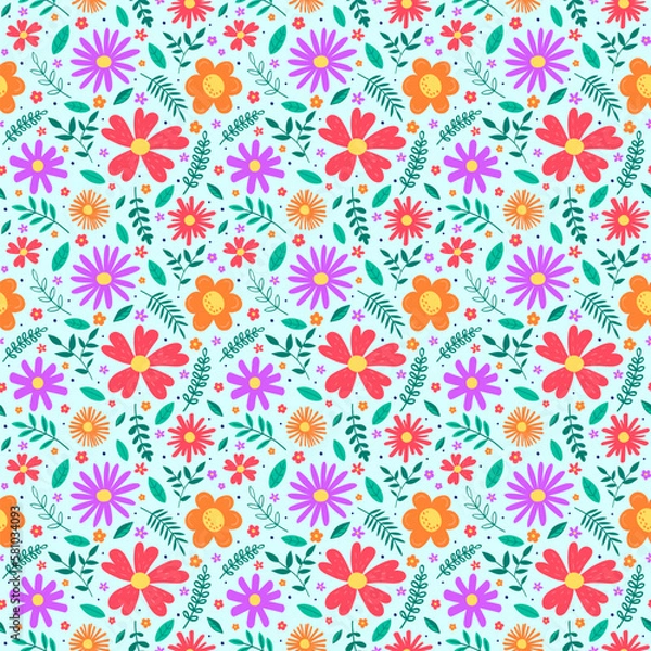 Fototapeta Floral texture. Spring background with colourful blowing flowers and leaves. Vector illustration
