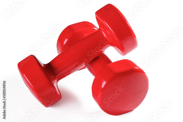 Fototapeta Two red dumbbells isolated on transparent background with shadow.