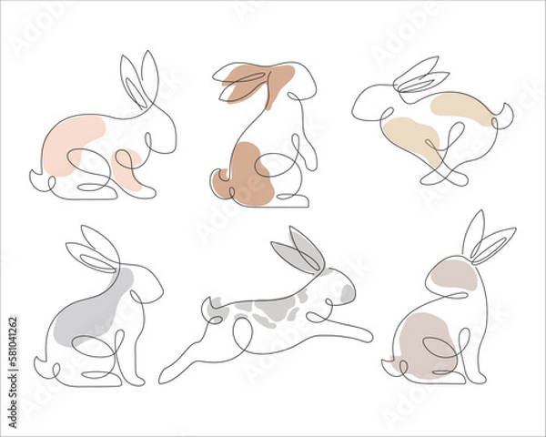 Obraz Bunny line art style icon set. Rabbit line art icon collection. Set of Abstract outline rabbit. Continous line drawing Rabbit minimalism style icon set. Easter bunny linear icon pack. Vector illustrat