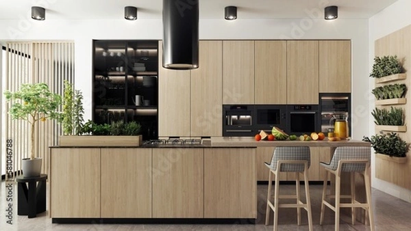 Fototapeta Modern spacious kitchen with a large island. There are growing herbs on the side  and on the countertop. On the other side of the counter there are fruits to make something healthy. 3d illustration