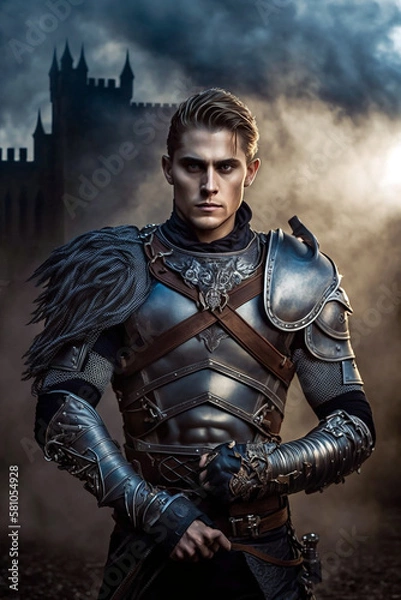 Obraz Portrait of a blonde male knight in heavy metal armor. Standing in front of a medieval fantasy fortress. Generative AI