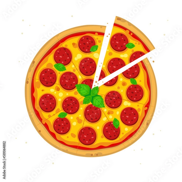 Fototapeta Appetizing vector pepperoni pizza with one piece cut off. Detailed illustration for menu, restaurant, cafe, pizzeria. Pizza with salami sausage, cheese, basil, tomato sauce.