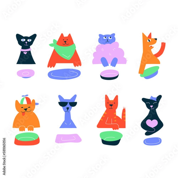 Fototapeta Pet feeding. Vector hand drawn set of funny hungry cats waiting for food. Collection of different cats with empty plates and bowls. A cool cat with glasses, a fat cat with a cap