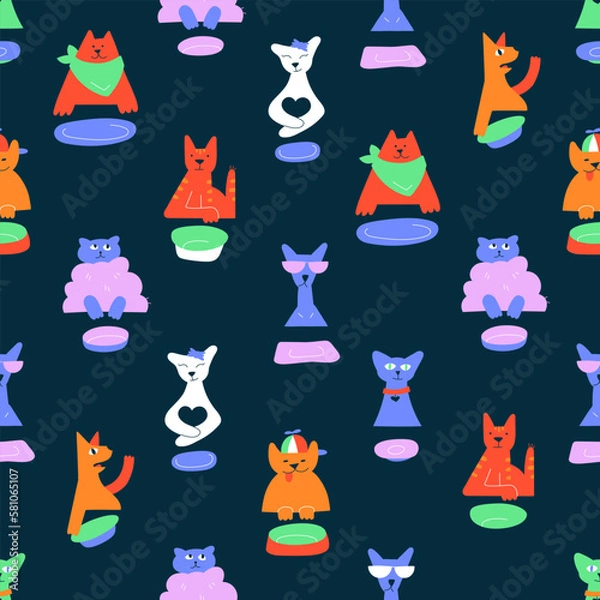 Fototapeta Vector seamless pattern with pets. Hand drawn funny hungry cats waiting for food. Different cats with empty plates and bowls. A cool cat with glasses, a fat cat with a cap, a ridiculous fluffy cat