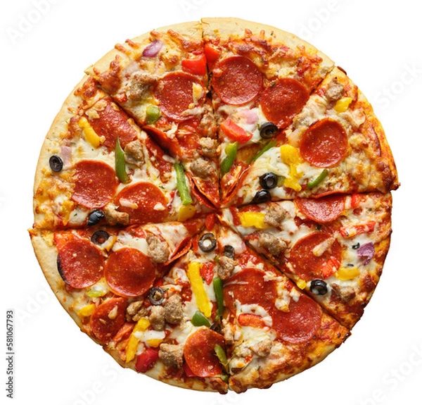 Fototapeta supreme pizza sliced and isolated shot from top view