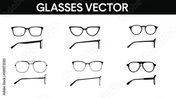 Fototapeta Vector isolated Illustration of a Glasses Frame Set. Set of Black glasses Frame Front and Side View