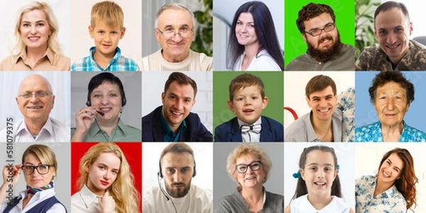 Fototapeta Hundreds of multiracial people crowd portraits headshots collection, collage mosaic. Many lot of multicultural different male and female smiling faces looking at camera. Diversity and society concept