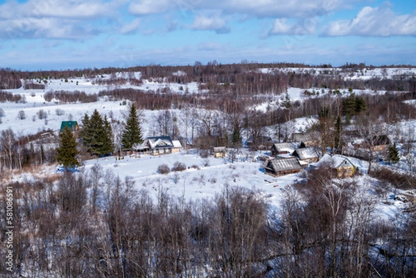 Fototapeta The city of Izborsk in the Pskov region from a bird's eye view