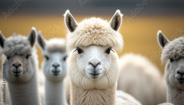 Fototapeta Cute alpaca close up portrait on blurred nature outdoor background. AI generative image.