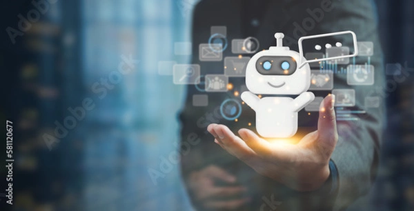 Fototapeta AI Artificial Intelligence and conversational chatbots businesses digital technology interact with applications, including customer service, sales and marketing and big data virtual screen.