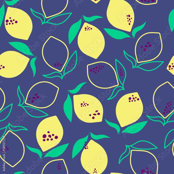 Obraz Seamless vector pattern with lemon. Citrusy, tropical sketch with hand drawn lemons. Botanical print pattern. 
On textiles, gift paper, banners, menus. Lemon Harvest.