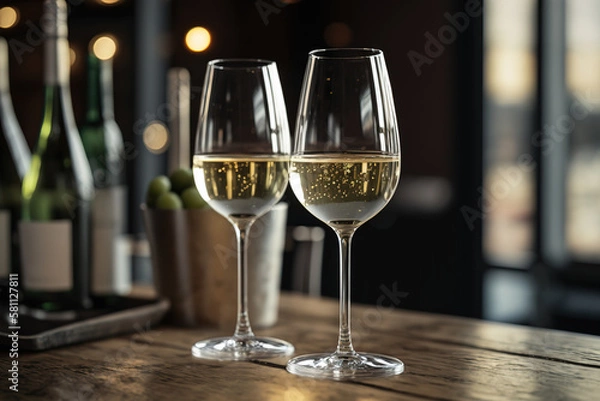 Fototapeta 2 glasses of the champagne or white wine are placed on dining table at the luxury restaurant. Generative Ai image.	
