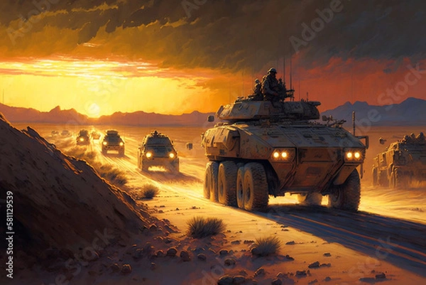 Fototapeta Military patrol car on sunset background. Army war concept. Silhouette of armored vehicle with soldiers ready to attack, generative ai
