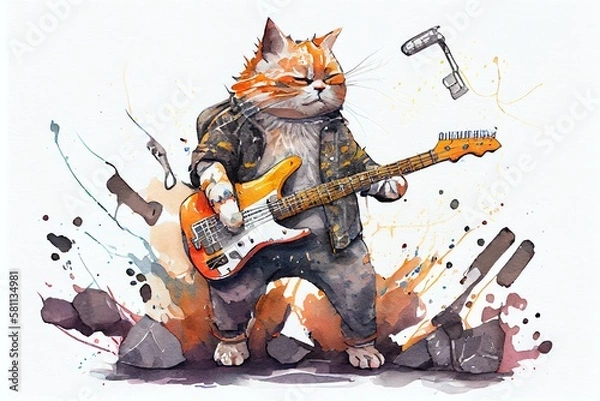 Fototapeta Watercolor Illustration of a Cat Dressed Up As A Rock Star, Playing A Guitar With Its Claws Illustration. Generative AI