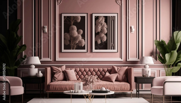 Fototapeta Living Room with Art Deco Style Couch and Coffee Table, Generative AI
