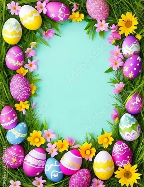 Fototapeta easter eggs and flowers border with blue background generated IA