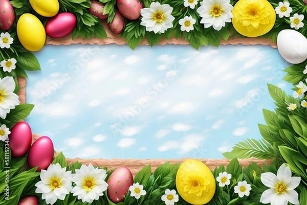 Fototapeta easter frame with eggs and flowers generated IA