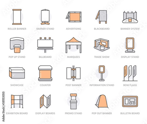 Fototapeta Exhibition flat line icons set. Trade show banner, display, expo booth, billboard, promo stand, counter vector illustrations. Outline signs for advertising. Orange color. Editable Stroke